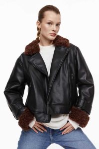 H&M Biker Jacke Damen Schwarz Braun | 1230-XYFHU