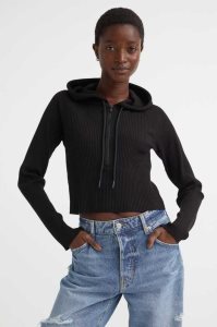 H&M Crop Hoodie Damen Schwarz | 8752-QNBDW