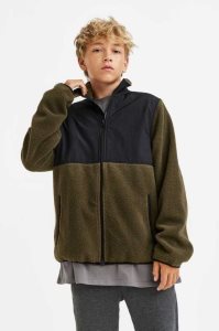 H&M Fleece Jacket Oberbekleidung Kinder Dunkelkhaki Grün Schwarz | 7185-UQGVK