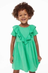 H&M Flounce-trimmed Baumwoll Kurzes Kleid Kinder Grün | 0713-JNDFZ