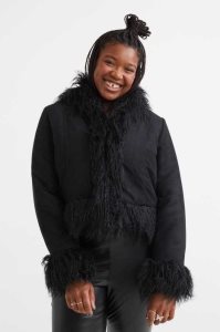 H&M Fluffy-trimmed Jacket Übergröße Damen Schwarz | 0719-BCFQT