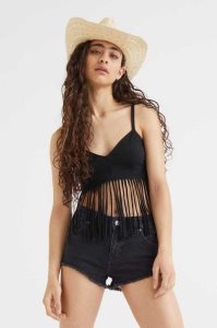 H&M Fringe-trimmed Oberteile Damen Schwarz | 4361-FCTEW