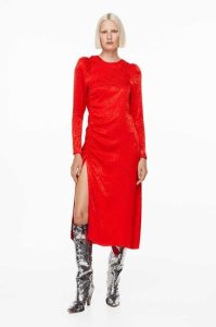 H&M Gathered Kleider Damen Rot | 2089-UMNDZ