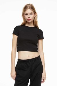 H&M Gerippt Crop Oberteile Damen Schwarz | 3162-WONVM