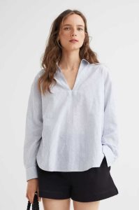 H&M Linen-blend Anorak Shirt Bluse Damen Schwarz | 1802-VEUIH