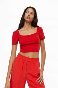 H&M Puff-sleeved Gerippt Oberteile Damen Rot | 9371-BZNFW