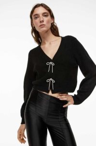 H&M Rhinestone-bow Rib-knit Cardigan Pullover Damen Schwarz | 6874-WPGIF