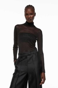 H&M Rhinestone-embellished Mesh Bodysuit Oberteile Damen Schwarz | 5842-CKTPO