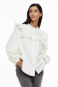 H&M Ruffle-trimmedEyelet Embroidery Bluse Damen Weiß | 0732-RMSQB