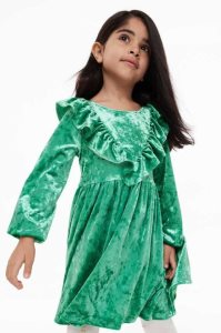 H&M Ruffle-trimmed Velour Kurzes Kleid Kinder Grün | 5480-XRVCO