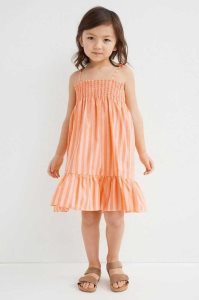 H&M Smocked Baumwoll Kurzes Kleid Kinder Hellorange | 4972-MSGXP