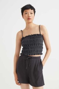 H&M Smocked Terry Oberteile Damen Schwarz | 2570-WHAPR