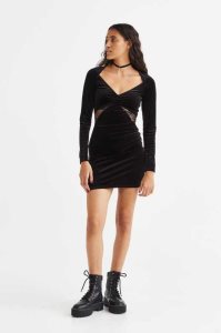 H&M Spitze-detail Velour Bodycon Kleider Damen Schwarz | 3982-FMDYJ