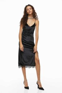 H&M Spitze-trimmed Velour Slip Kleider Damen Schwarz | 6983-PHODR