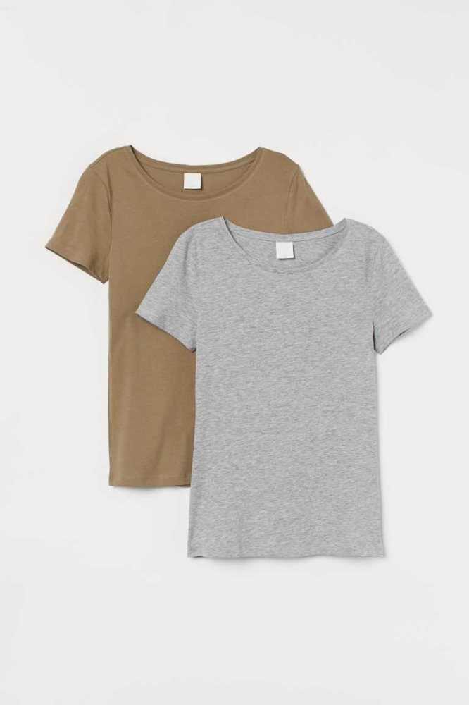 H&M 2-pack Baumwoll T-shirts Oberteile Damen Hellgrau Weiß | 4876-ZYONT