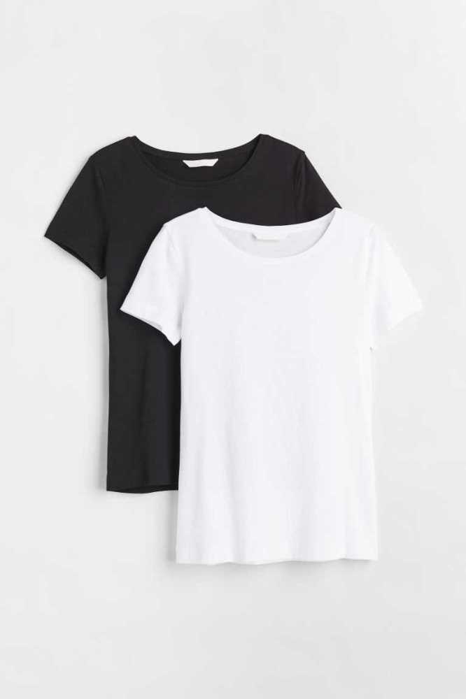 H&M 2-pack Baumwoll T-shirts Oberteile Damen Hellgrau Weiß | 4876-ZYONT