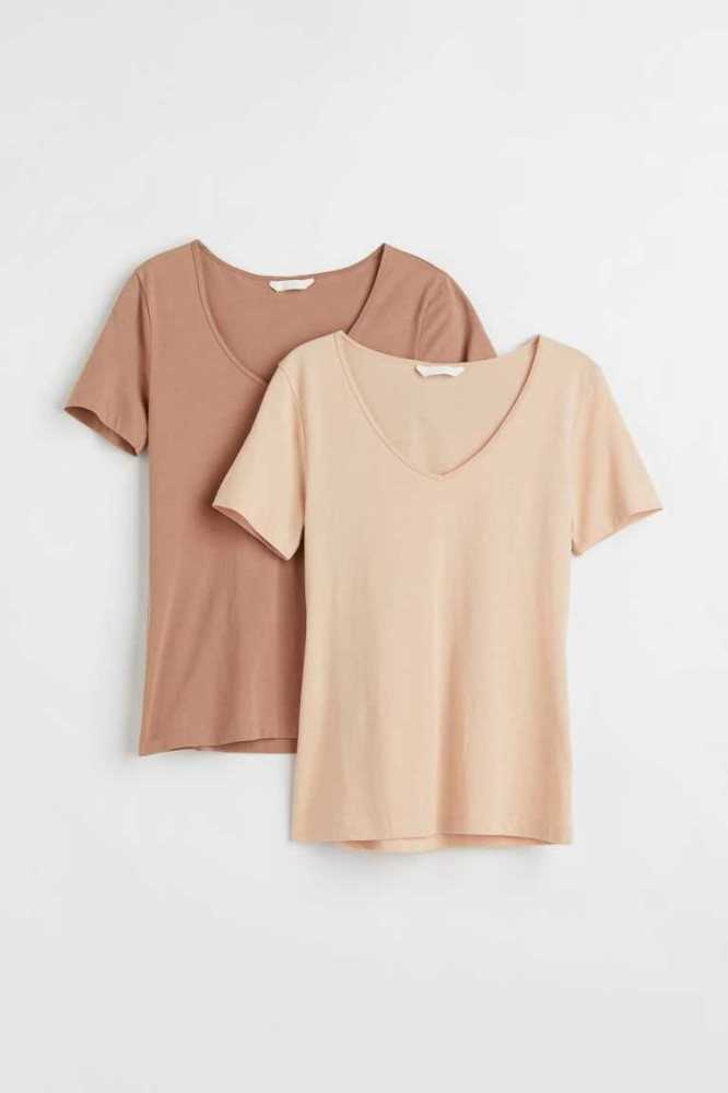 H&M 2-pack Baumwoll T-shirts Oberteile Damen Schwarz Weiß | 6813-KXJYU