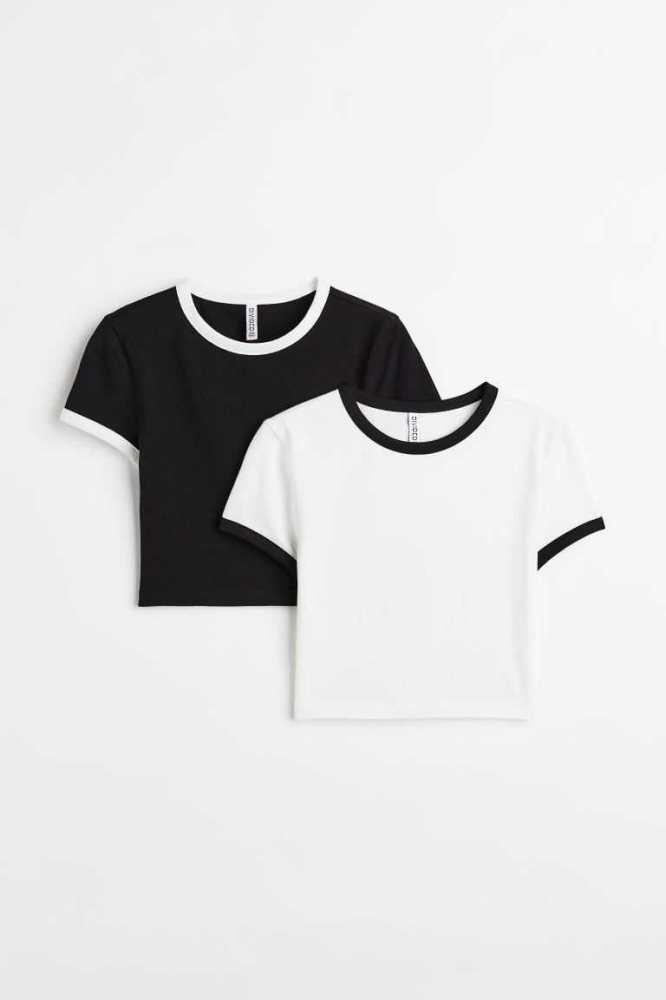 H&M 2-pack Crop Oberteile Damen Hellblau Weiß | 1824-HTIMD