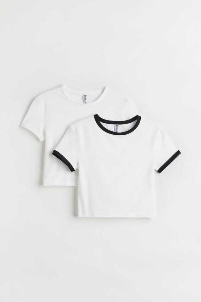 H&M 2-pack Crop T-shirts Oberteile Damen Weiß | 7902-MCGTI