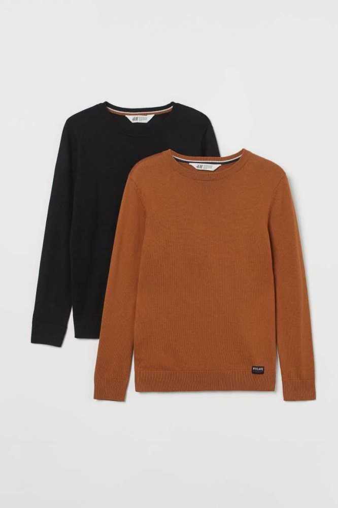 H&M 2-pack Fine-knit Pullover Kinder Schwarz Hellkhaki Grün | 5182-UMOHN