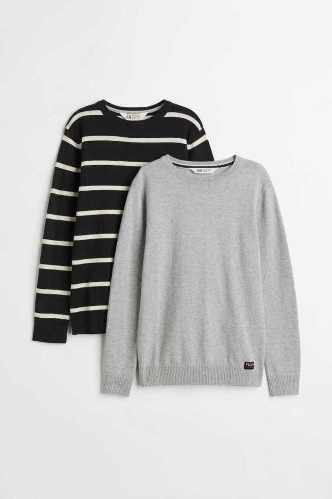 H&M 2-pack Fine-knit Pullover Kinder Schwarz Hellkhaki Grün | 5182-UMOHN