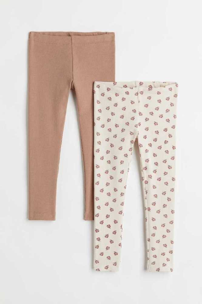 H&M 2-pack Gerippt Baumwoll Leggings Kinder Dunkelbeige | 7984-TNJZR