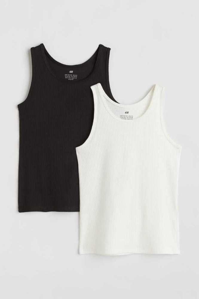 H&M 2-pack Gerippt Baumwoll Tank Oberteile Kinder Schwarz Weiß | 2813-SVUIQ