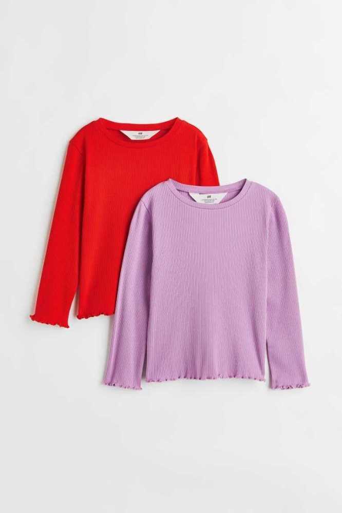 H&M 2-pack Gerippt Oberteile Kinder Hellrosa Grün | 3021-FVBOK