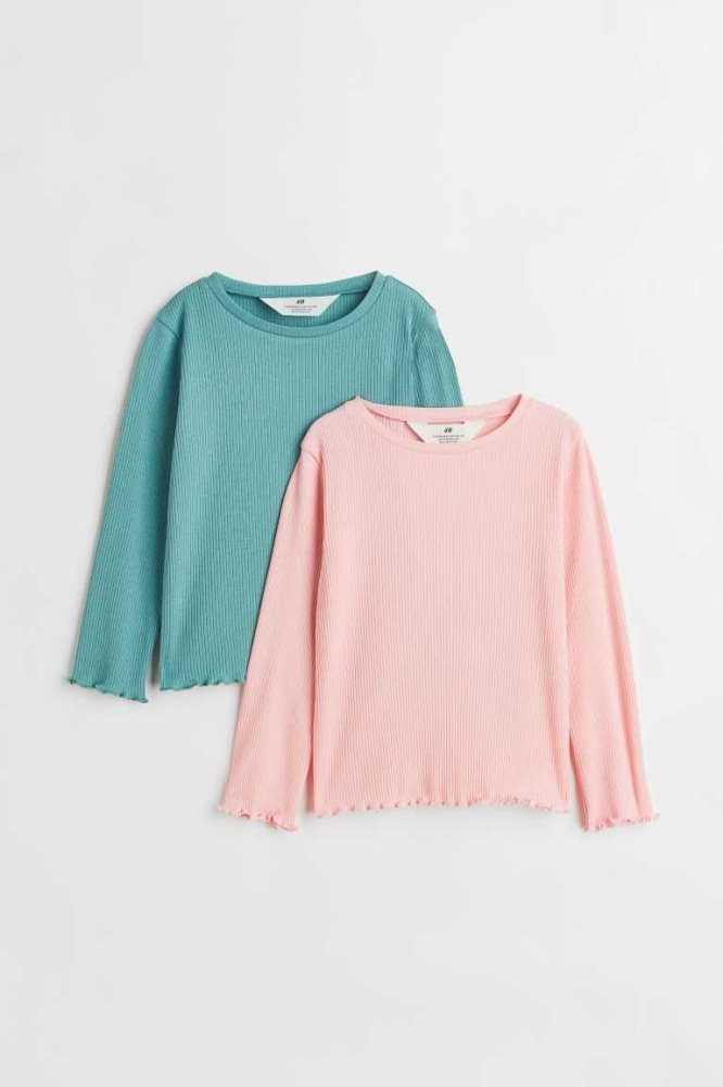 H&M 2-pack Gerippt Oberteile Kinder Rosa Weiß | 1385-CTNFY