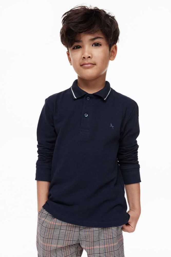 H&M 2-pack Long-sleeved Polo Hemd Kinder Navy Blau Weiß | 2187-UQHIV