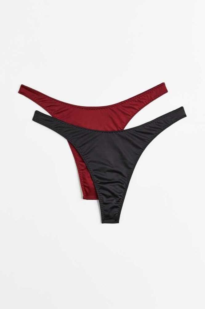 H&M 2-pack Satin Tanga Briefs Unterwäsche Damen Dunkelgrau Dunkelrot | 2904-FDBRP