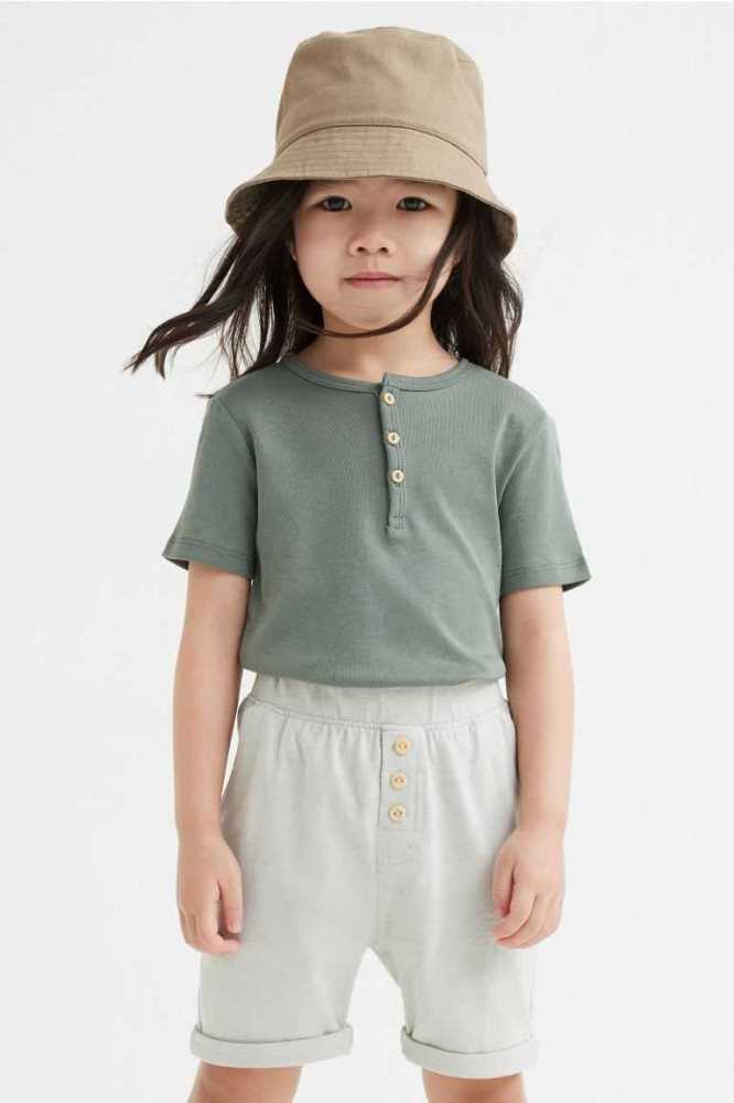 H&M 2-pack Slub Baumwoll Kurze Hose Kinder Beige Mintfarben Grün | 3049-HYTKI