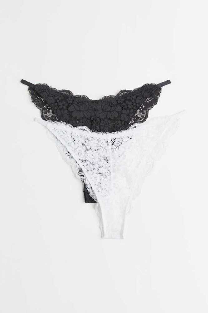 H&M 2-pack Spitze Brazilian Briefs Unterwäsche Damen Dunkelgrau Weiß | 2903-KYXDN