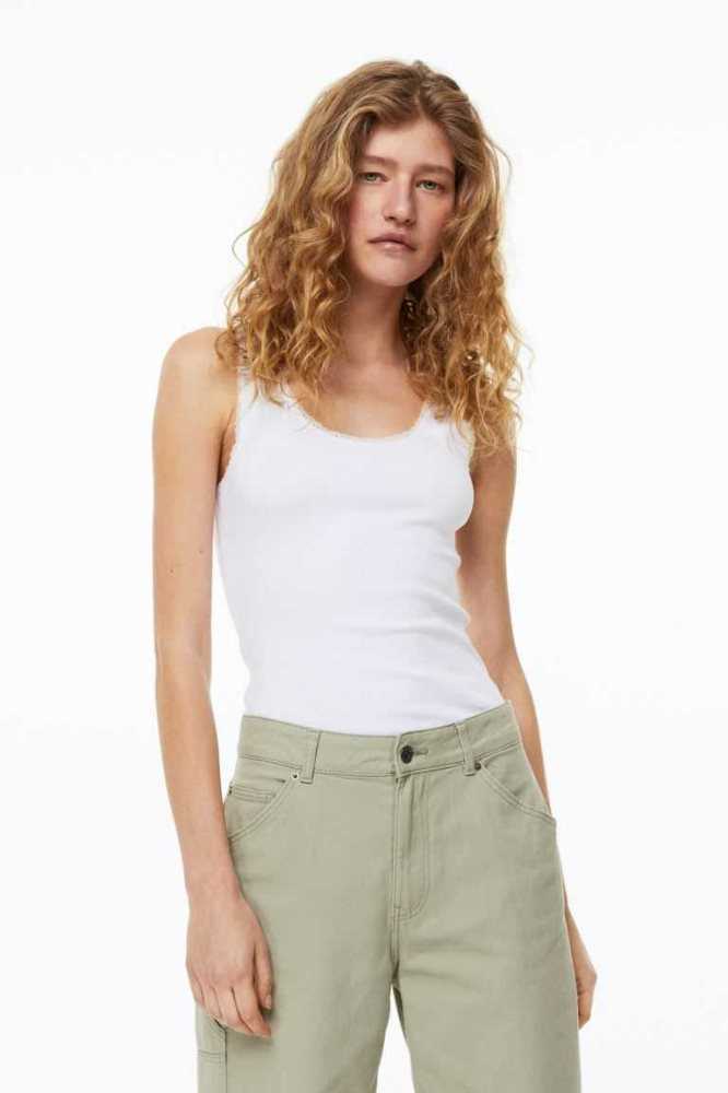 H&M 2-pack Spitze-trimmed Tank Oberteile Damen Weiß | 3597-BZYCJ