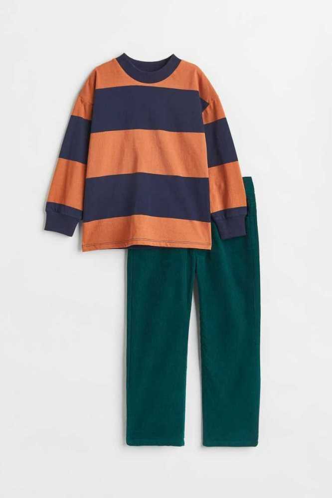 H&M 2-piece Baumwoll Shirt and Pants Einteiler Kinder Dunkelgrün | 7952-GBHWE