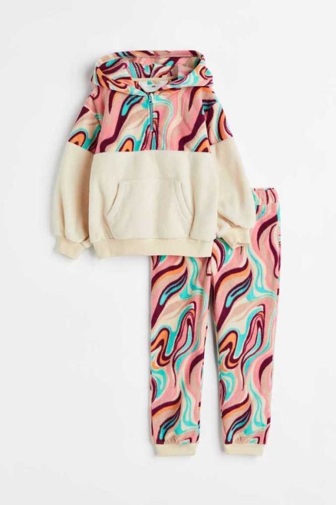 H&M 2-piece Patterned Fleece Set Oberbekleidung Kinder Hellrosa | 9760-NFZCQ