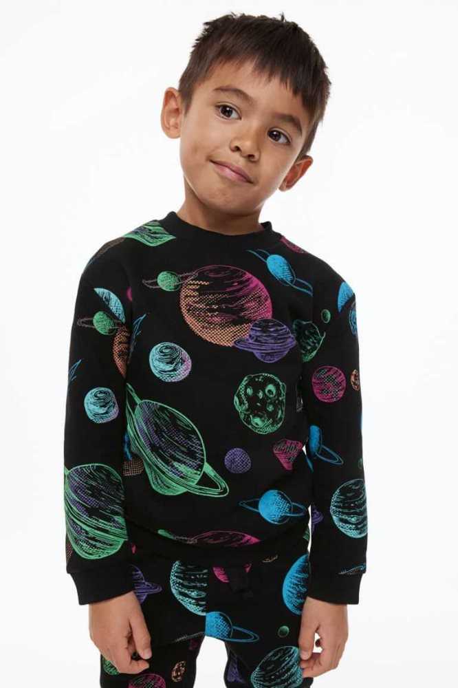 H&M 2-piece Patterned Sweatshirt Einteiler Kinder Schwarz | 2589-KPXMV