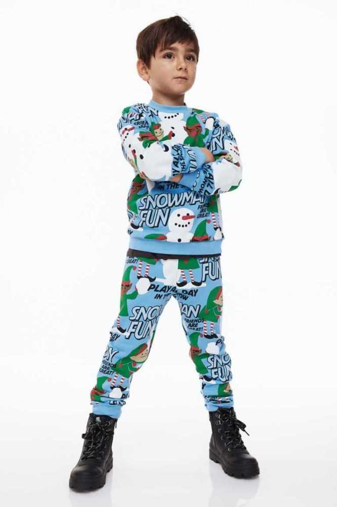 H&M 2-piece Patterned Sweatshirt Einteiler Kinder Hellblau | 3067-FHSNG