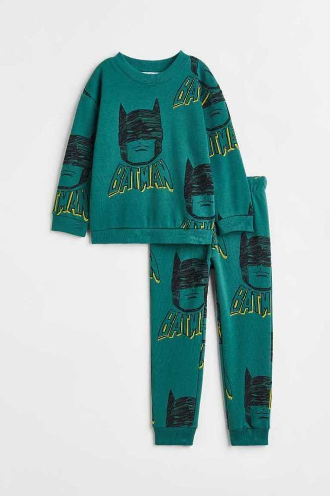 H&M 2-piece Printed Sweatshirt Einteiler Kinder Dunkelgrün | 1495-IDHVO