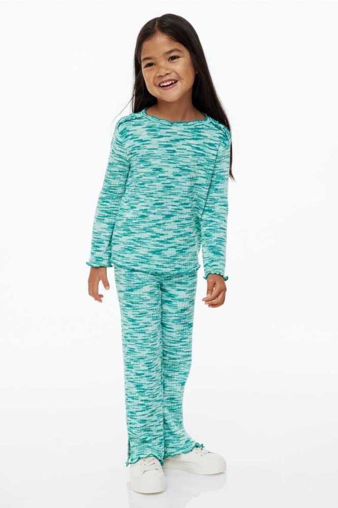 H&M 2-piece Rib-knit Einteiler Kinder Dunkelgrün Hellgrün | 5638-AQLRI