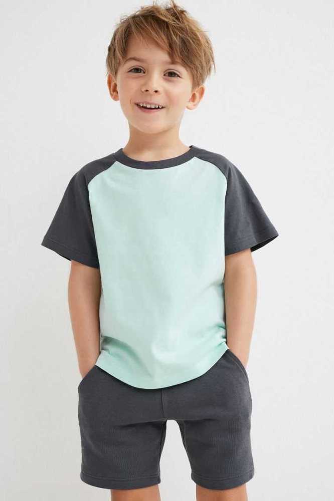 H&M 2-piece T-shirt and Shorts Einteiler Kinder Helltürkis Dunkelgrau | 4276-HEDIK