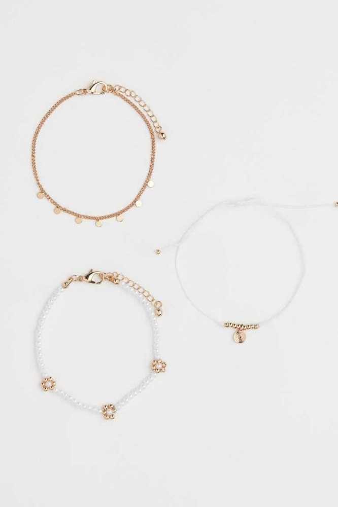 H&M 3-pack Armband Damen Weiß Gold | 5304-CFMXE