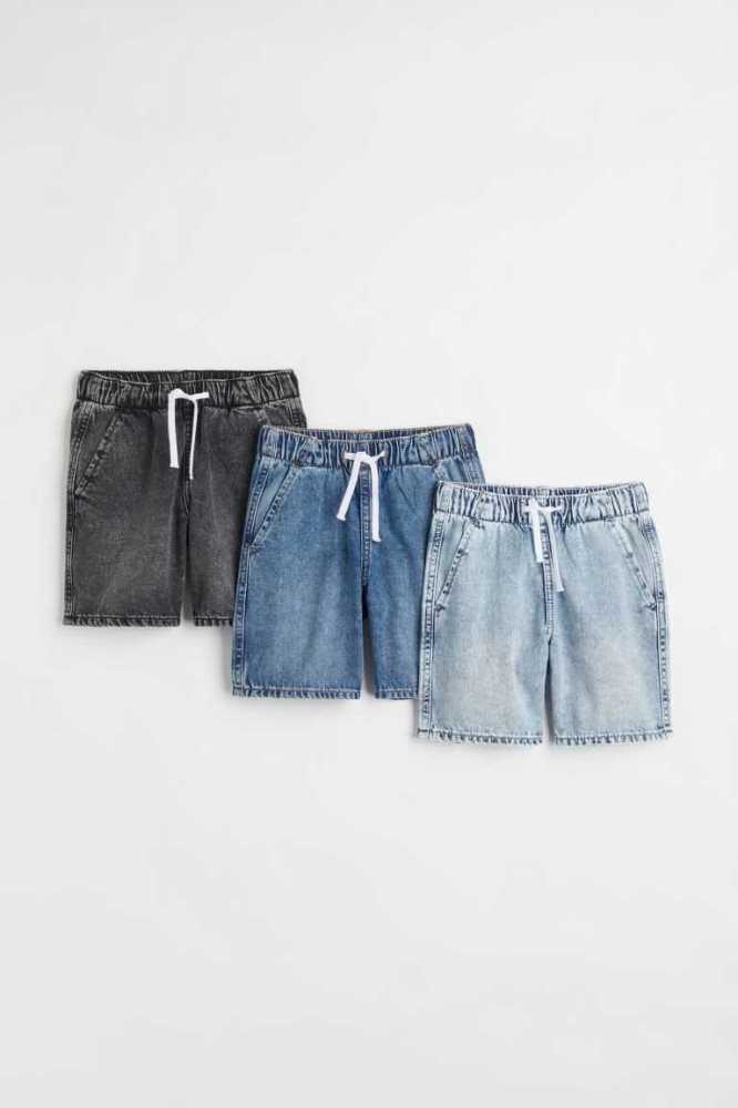 H&M 3-pack Baumwoll Denim Kurze Hose Kinder Dunkelgrau Blau | 9647-OBQJP