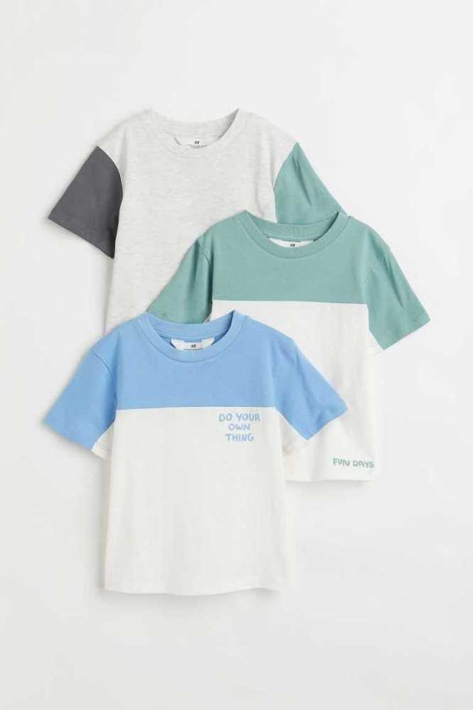 H&M 3-pack Baumwoll Hemd Kinder Hellblau Grün Beige Weiß | 7490-CMGEP