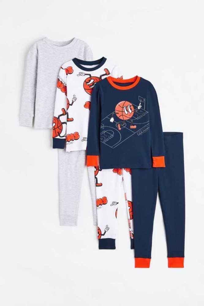 H&M 3-pack Baumwoll Pajamas Jersey Kinder Dunkelblau | 5068-BWLKM