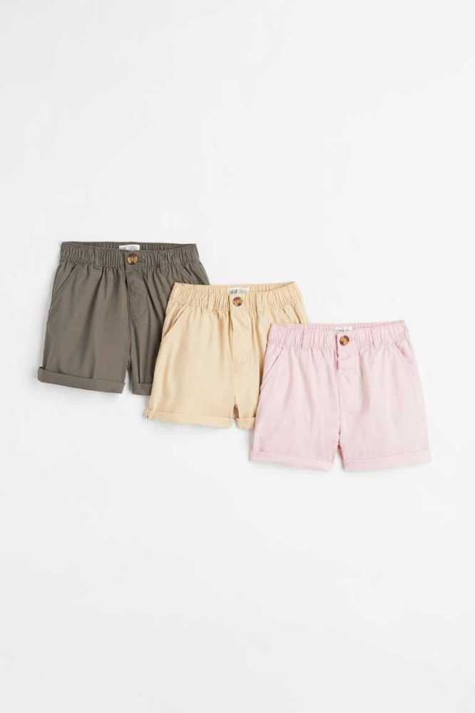 H&M 3-pack Baumwoll Poplin Kurze Hose Kinder Khaki Grün Gelb Rosa | 0653-GAFXS