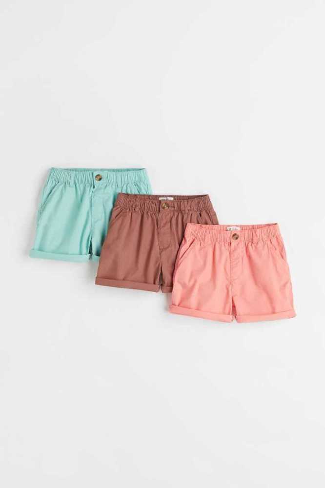 H&M 3-pack Baumwoll Poplin Kurze Hose Kinder Khaki Grün Gelb Rosa | 0653-GAFXS