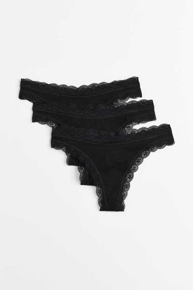 H&M 3-pack Baumwoll Tanga Briefs Unterwäsche Damen Schwarz | 9064-QYIEO