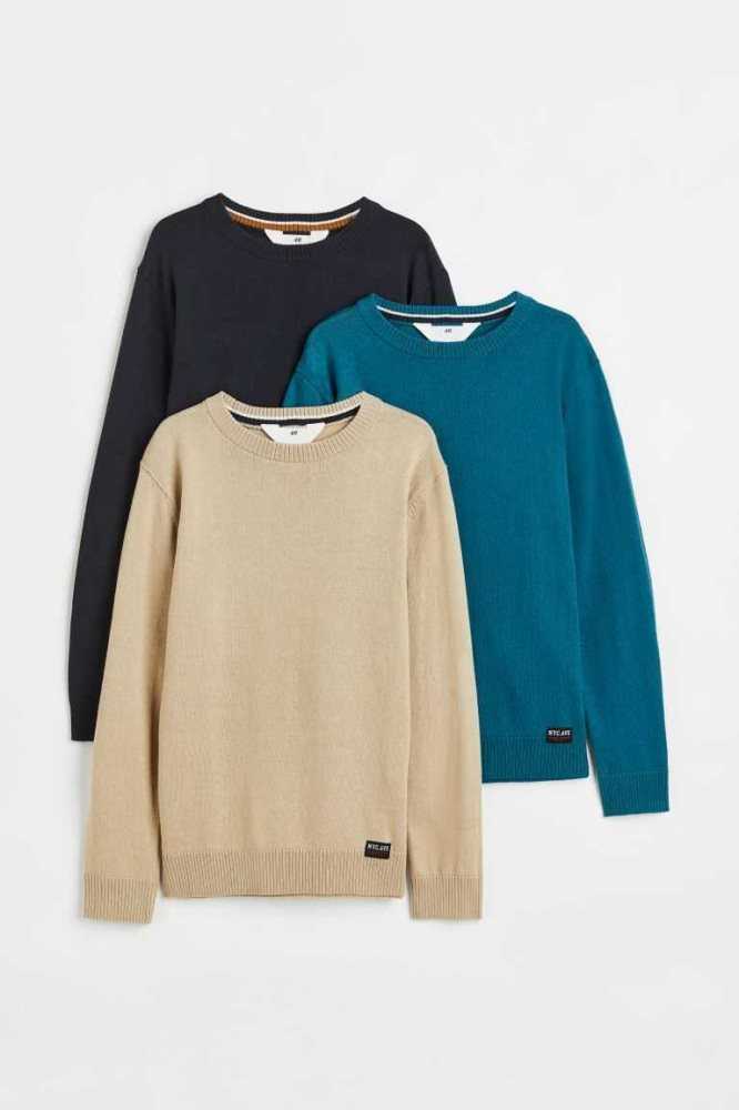 H&M 3-pack Fine-knit Pullover Kinder Navy Blau Türkis Beige | 3875-OZRCW