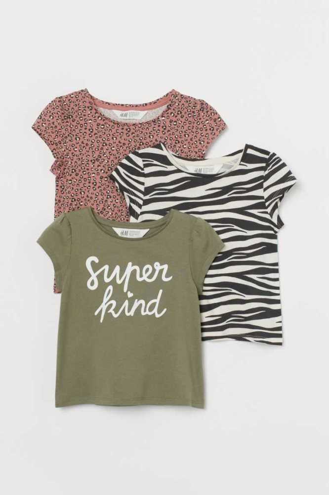 H&M 3-pack Jersey Oberteile Kinder Beige Weiß Leopard | 0765-OEXYC